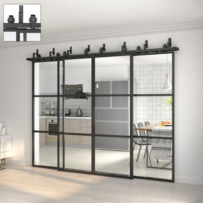 Features:Sturdy: The black frame made of high-quality carbon steel which is strong and durable. The clear glass is CE certified tempered glass which is high hardness, scratch-resistant and wear-resistant; The high load-bearing pulleys to ensure smooth and quiet sliding. All doors have passed through 100, 000 opening and closing tests. Package List: 4 pieces of barn doors , 4 Rails each with pre-drilled holes, 10 Brackets, 8 Soft Close, 8 Anti-jump Blocks, 8 Roller Hangers, 8 Floor Guides, 8 Stop Barn Door Glass, Frosted Glass Barn Door, Space Saving Doors, Glass Barn Door, Bypass Barn Door, Sliding Room Dividers, Glass Barn Doors, Wooden Door Design, Door Hardware Interior