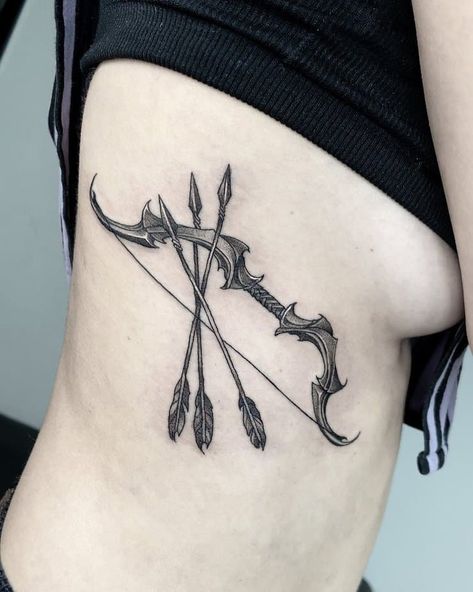 Cross Bow Tattoo, Recurve Bow Tattoo, Archer Bow Tattoo, Archer Tattoos For Women, Archery Tattoo Women, Arrow Chest Tattoo, Bow And Arrow Tattoo For Men, Bow And Arrow Tattoos For Women, Tattoo Bow And Arrow