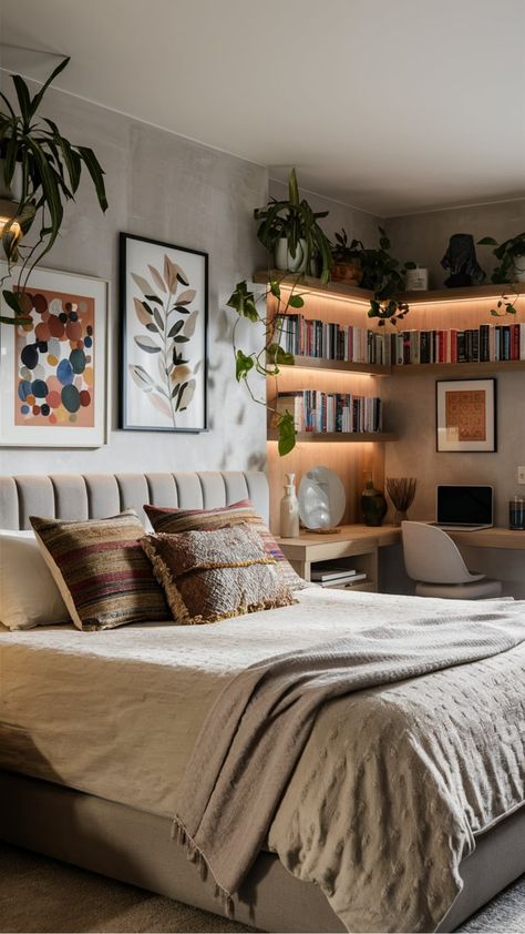 Modern bedroom with a neatly made bed, plants, framed artwork, a shelf of books, and a small desk with a laptop. Adult Cozy Bedroom Ideas, Soft Bedroom Aesthetic Cozy, Soft Cozy Bedroom Aesthetic, Warm Cosy Bedroom Ideas, Small Cosy Bedroom Ideas, Bedroom Ideas Cozy Warm, Cosy Bedroom Aesthetic, Warm Bedroom Decor, Cozy Warm Bedroom