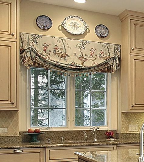 Custom Valances Over Kitchen Sinks: 8 Styles Explained Over Kitchen Sink, Kitchen Window Valances, Kitchen Sink Window, Kitchen Window Curtains, Custom Valances, Kitchen Wall Cabinets, Window Treatments Living Room, Kitchen Valances, Kitchen Window Treatments