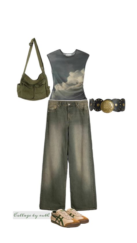 Mesh sleeveless asymmetric top + baggy distressed jeans + green crossbody bag + bulky circle belts + flat sneakers Circle Bags, Green Crossbody Bag, Asymmetric Top, Asymmetrical Tops, Flat Sneakers, Baggy Jeans, Distressed Jeans, Belts, Crossbody Bag