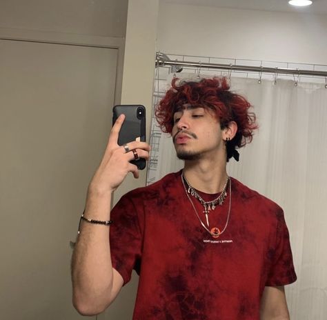 Curly Hair Dye Ideas Men, Hair Dye Ideas For Guys, Cherry Red Hair Men, Mens Colored Hair Ideas, Burgundy Hair Men, Dark Red Hair Men, Dyed Curly Hair Men, Insta Dump, Red Mullet