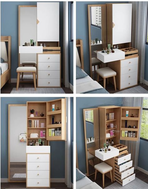 Vanity Table Storage, Mini Dressing Table Ideas, Vanity Table With Large Storage Room, Vanity Table In Bedroom Small Spaces, Dressing Table With Storage Small Spaces, Space Saving Makeup Vanity, Morden Dressing Table Ideas, Bedroom Vanity Small Space, Space Saving Vanity Ideas