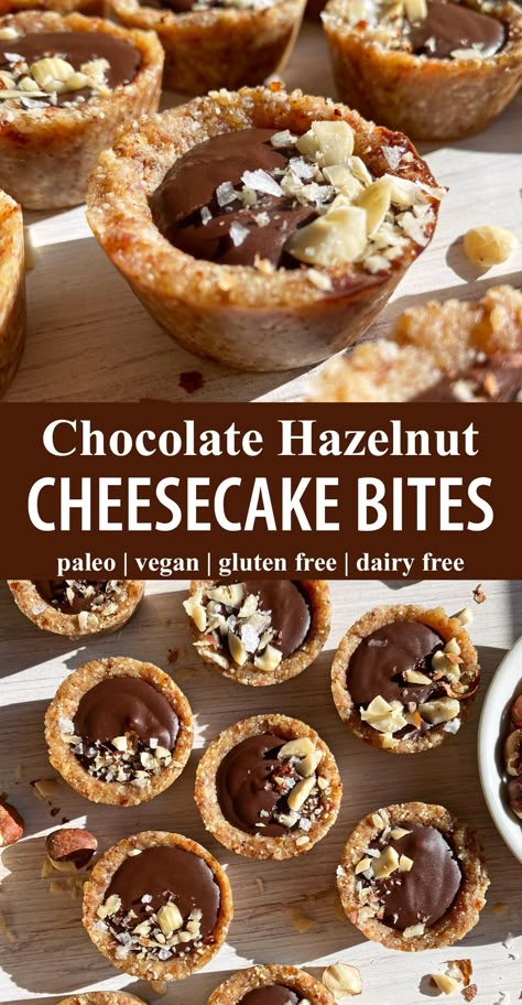 These hazelnut cheesecake bites have a chewy date and hazelnut crust that's filled with a creamy chocolate-hazelnut fudge. This mini cheesecake recipe is no-bake, paleo and vegan friendly. #hazelnut #nobakecheesecake Roasted Hazelnut Recipes, Chocolate Hazelnut Cheesecake, Hazelnut Fudge, Hazelnut Cheesecake, Hazelnut Crust, Hazelnut Dessert, Hazelnut Filling, Gf Treats, Hazelnut Recipes