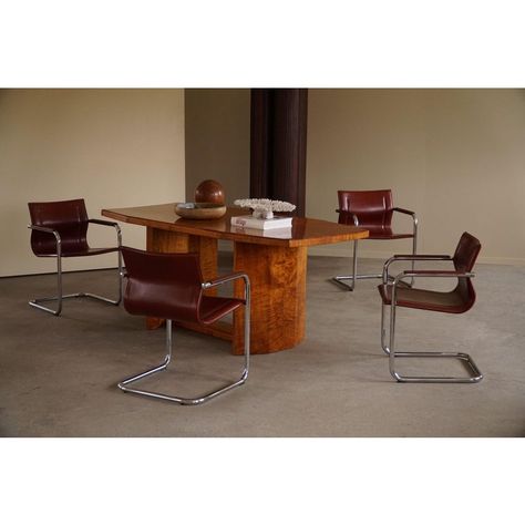 Set of 5 Vintage cantilever armchairs in patinated red / cognac colored leather by Matteo Grassi, made in Italy, 1970s. Stamped. The chairs are strongly reminiscent of bauhaus works by Mart Stam and Marcel Breuer. A nice set in a good condition perfectly suited for many interior styles. This piece is attributed to the mentioned designer/maker. It has no attribution mark and no   official proof of authenticity,   however it is well documented in design history. I take full responsibility for any Bauhaus Interior Design, Red Leather Chair, Bauhaus Interior, Mart Stam, Cantilever Chair, Marcel Breuer, Leather Dining Chairs, Design History, Interior Styles