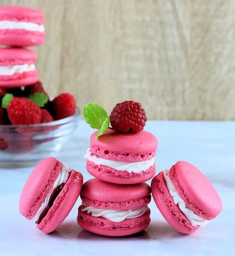 Raspberry macarons are made with delicate French macaron shells that are filled with a raspberry jam and raspberry buttercream. Toddler Tea Party Birthday, Jam Buttercream, Toddler Tea Party, Raspberry Macaroons, Raspberry Macarons, Macaron Template, Raspberry Buttercream, Raspberry Recipes, Buttercream Filling