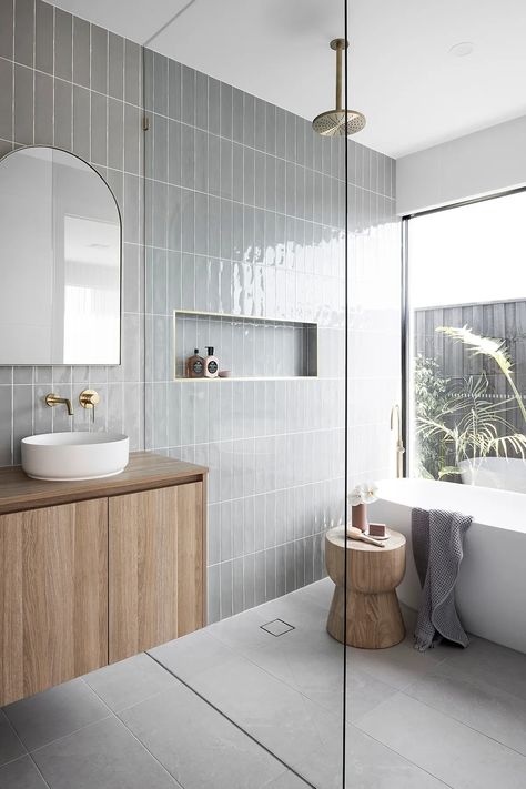 Open Homes Australia - Coco Camellia styled home Dark Grey Laminate Flooring, Wet Room Design, Small Wet Room, Brown Laminate Flooring, Grey Laminate Flooring, Wet Room Bathroom, Walk In Shower Ideas, Eclectic Tile, Brick Look Tile