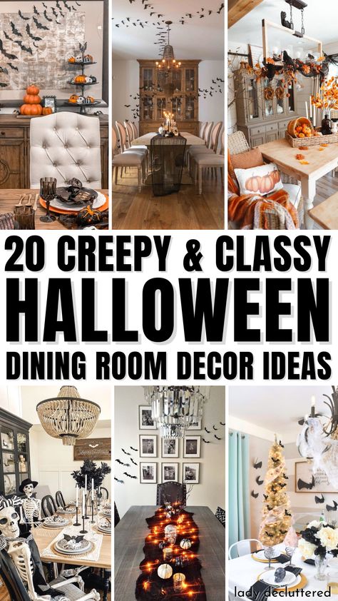 20 Creepy & Classy Halloween Dining Room Decor Ideas Halloween Decor Dining Table, Dining Room Halloween Decorations, Not Tacky Halloween Decor, Formal Dining Room Halloween Decor, Nice Halloween Decorations, Classy Halloween Diy Decor, Farmhouse Halloween Dining Table Decor, How To Incorporate Halloween Into Fall Decor, Decorating Ideas For The Home Halloween