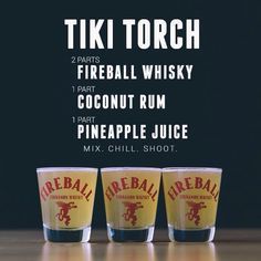 Tiki Torch - I can't imagine what this might taste like. Guess that means it must be tried... Fireball Recipes, Fireball Drinks, Cocktail Shots, Liquor Drinks, Boozy Drinks, Shot Recipes, Mixed Drinks Recipes, Munnar, Milk Shakes