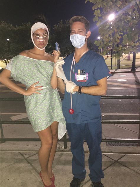 Plastic Surgery Costume Couple, Haunted Hospital Costume Ideas, Halloween Patient Costume, Nurse And Patient Costume Couple, Doctor And Patient Costume, Hospital Patient Costume, Surgeon Halloween Costume, Patient Halloween Costume, Plastic Surgery Halloween Costume