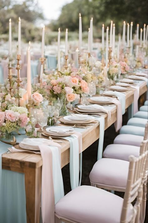 Pretty pastel wedding table decorations 🩷 Wedding Reception Pastel Colors, Pink And Green Wedding Centerpieces, Wedding Flowers Pastel Colours, Wedding Decor Pastel Colors, Pastel Theme Wedding Decor, Pastel And Gold Wedding, Pastel Wedding Table Setting, Wedding Table Decorations Long, Pastel Table Decorations