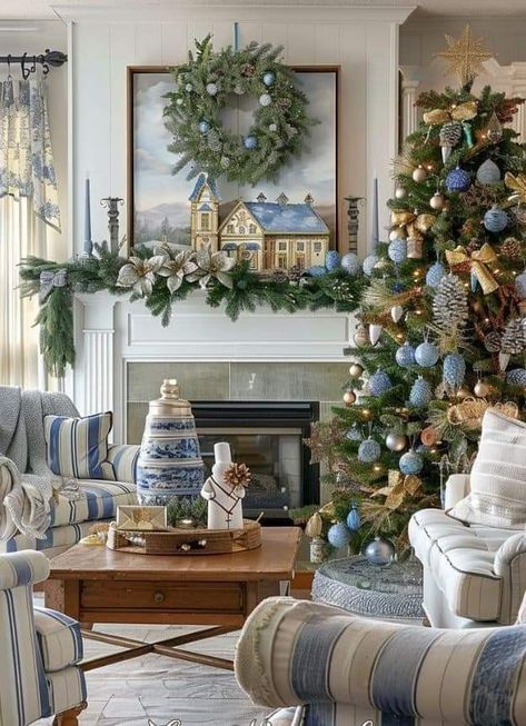 Blue Christmas Fireplace Decor, Christmas Wreath Mantle, Nancy Myers Christmas Aesthetic, Blue And White Holiday Decor, French Blue Christmas Decor, Christmas Mantle Decor 2024, Blue Christmas Mantle Decor, Grandmillenial Christmas Decorations, White Blue Christmas Decor