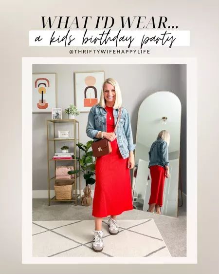 What I’d wear to a kids birthday party. I love a comfy dress and then dress it down with sneakers and a denim jacket. Kid Birthday Party Outfit Women, Mom Birthday Party Outfit, Kids Party Outfit Women Casual, Mom Outfit For Kids Birthday Party, Kids Birthday Party Outfit Women, Birthday Party Outfit Ideas, Birthday Party Outfit Women, Kid Birthday Outfits, Birthday Party Outfit