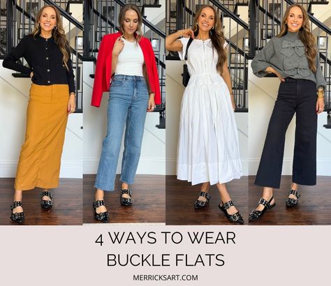 4 Ways to Wear It: Buckle Flats - Merrick's Art Buckle Ballet Flats Outfit, Buckle Flats Outfit, Football Halloween Costume, Buckle Flats, Target Jeans, Jeweled Flats, Flats Outfit, Bow Sweater, Buckled Flats