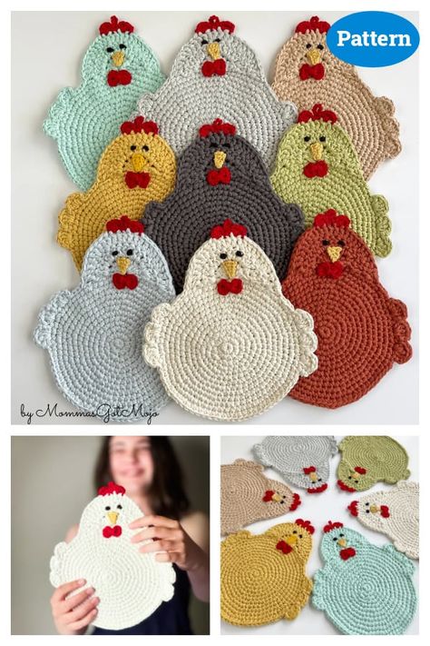 Crochet Chicken Hot Pad Free Pattern, Chicken Coasters Free Pattern, Crochet Chicken Hot Pad, Chicken Hot Pads Free Pattern, Chicken Coaster Crochet Pattern Free, Crochet Chicken Pot Holder, Crochet Pattern For Chicken, Crochet Chicken Coasters, Chicken Potholders Crochet Free Pattern