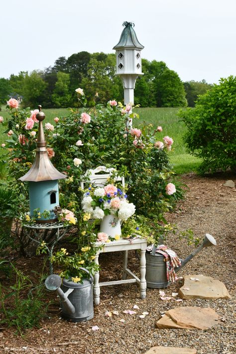 Birdhouse, watering cans and pitcher with garden flowers | ©homeiswheretheboatis.net #garden #flowers #spring #arrangement #roses Morning Garden, Birds House, Mother Of Pearl Rose, Yard Inspiration, Beautiful Birdhouses, Country Garden Decor, Garden Birdhouses, Greenhouse Garden, Animal Accessories