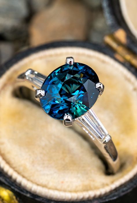 Amazing Peacock Sapphire w/ Baguette Diamonds ❤️ Sku A22575 Peacock Sapphire Engagement Ring, Engagement Rings Blue, Blue Sapphire Engagement Rings, Peacock Sapphire, Teal Sapphire Engagement Ring, Green Montana, Zodiac Sign Virgo, Rings Blue, Sapphire Engagement Rings