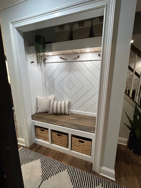 Backpack Area Entryway, Front Foyer Closet Ideas, Closet Living Room Ideas, Front Entry Way Closet Ideas, Coats Closet Entryway, Closet Organization Ideas Hallway, Hall Closet Renovation, Entryway Closet Makeover Storage, Entrance Way Closet Ideas