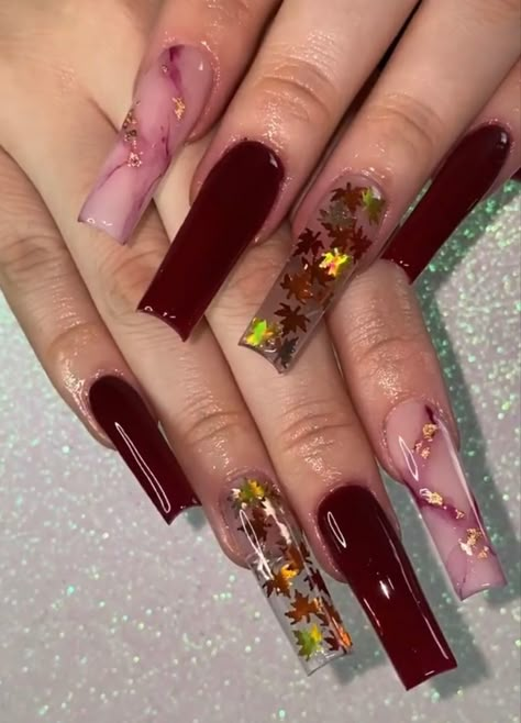 Fall Nails Burgundy Design, Fall Acrylic Nails Burgundy, Long Acrylic Nails Fall Colors, Burgundy Coffin Acrylic Nails, Maroon Fall Nail Designs, Fall Nail Designs Burgundy, Dark Fall Nails Acrylic, Fall Themed Acrylic Nails, Burgundy Nails Fall