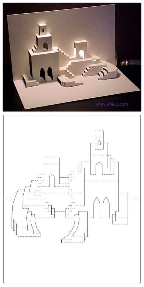 Architecture Origami, Kirigami Templates, Small Castle, Vika Papper, Pola Kotak, Origami Architecture, Kraf Kertas, Pop Up Card Templates, غلاف الكتاب