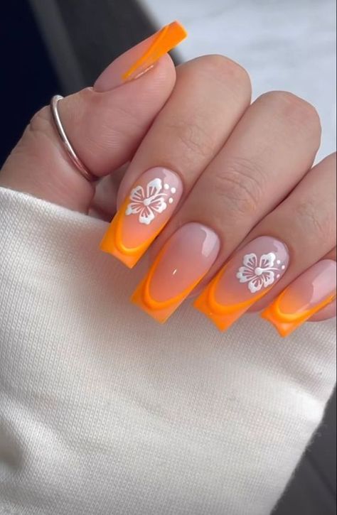 Orange Manicure Ideas, Nails Inspo Orange, Orange Nails Acrylic Flowers, Pinky Orange Nails, Orange Vacation Nails, Moana Inspired Nails, Orange Hibiscus Nails, Hawaii Nails Orange, Nail Inspo Hibiscus Flower