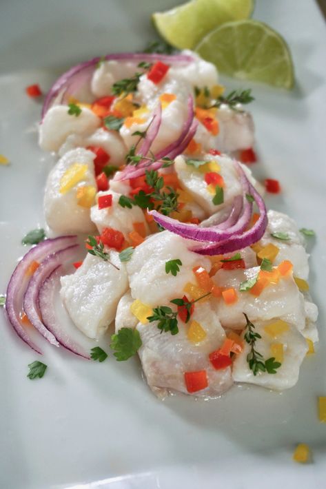 Cod Ceviche Recipe, Octopus Ceviche Recipe, Fish Crudo, Civeche Recipe, Seviche Recipes, Kingfish Ceviche, Ceviche Recipe Fish, Lobster Ceviche, Ceviche Fish