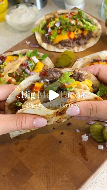 @eatinghealthytoday on Instagram: "Healthier Easy Big Mac Tacos! 🌮🔥 
(via: @liz.bitesback)

these are incredible! These macro friendly burger tacos only take about 10 minutes and taste insane! 42g of protein for two as well! 🔥

Ingredients for 2: 
170g of 5% beef mince 
2 small tortillas
2 gherkins 
Sprinkle of lettuce
Half an onion 
2 squares of light burger cheese 

For the sauce: 
Use burger sauce or to make a lighter one:
1 tbsp of light mayonnaise
2/3rds tbsp of ketchup 
1 tsp of mustard 
(Make more if you want more sauce😄) 

Directions:
1. roll the mince into 2 small balls and then place it onto the tortillas and flatten it
2. Add the tortilla to a greased frying pan and cook for a couple of mins on both side 
3. With the mince facing upwards, add the cheese then add a lid ontop Big Mac Tacos, Mac Tacos, Burger Tacos, Burger Cheese, Mexikansk Mat, God Mad, Idee Pasto, Burger Sauce, Makanan Diet