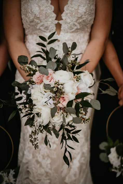 Fall Wedding Sage Green And Blush, Sage Bride Bouquet, Sage Green And Blush Boho Wedding, Dusty Rose And Sage Green Wedding Theme Flowers, Sage Green Dusty Rose Wedding Bouquet, Dusty Rose And Sage Green Bridal Bouquet, Sage Green And Blush Wedding Florals, White And Pink Rose Bouquet With Eucalyptus, Dusty Pink White Green Wedding