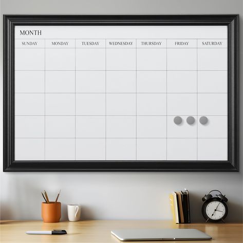 PRICES MAY VARY. GET ORGANIZED : Bring order and flexibility to your planning with a monthly calendar whiteboard by Navaris. Easily write and erase weekly and monthly plans as needed. The surface is also magnetic for attaching notes, receipts and papers. DRY ERASE CALENDAR: Make planning and organizing each month a cinch with this easy-to-read wall board. Use the white board to write down schedules, plan appointments or keep track of important dates. MAGNETIC SURFACE: Our boards can also be used Schedule Board, Framed Calendar, Whiteboard Wall, Whiteboard Calendar, Dry Erase Calendar, Tableau Design, Mdf Frame, Planning And Organizing, Memo Board