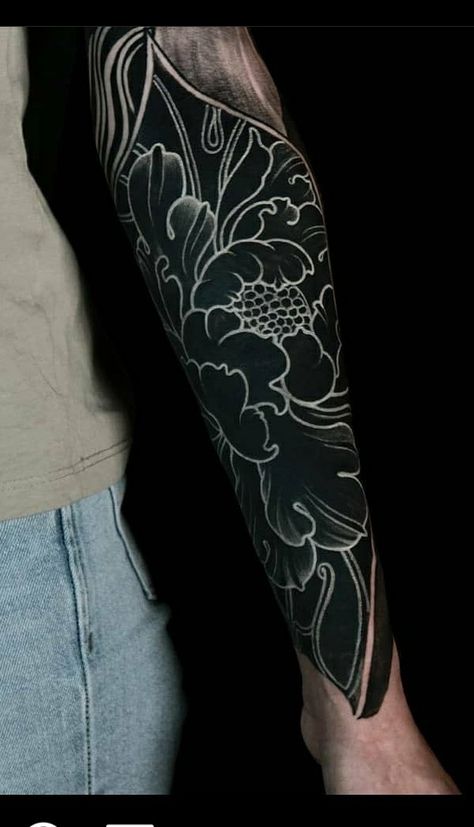 White On Black Tattoo Cover Up, White On Black Tattoo Healed, Black Work Cover Up Tattoo, Blackout Flower Tattoo, Blackout Tattoo Leg, White Ink Over Black Tattoo, Japanese Blackwork Tattoo, Blastover Tattoo, White On Black Tattoo