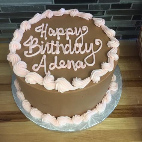 chocolate birthday cake with chocolate buttercream icing. Pink writing and reverse shell borders Reverse Shell Border Cakes, Birthday Cake With Chocolate, Chocolate Buttercream Icing, Chocolate Birthday Cake, Pink Writing, Vintage Cakes, Birthday Cake Chocolate, Buttercream Icing, Happy Birthday Cake