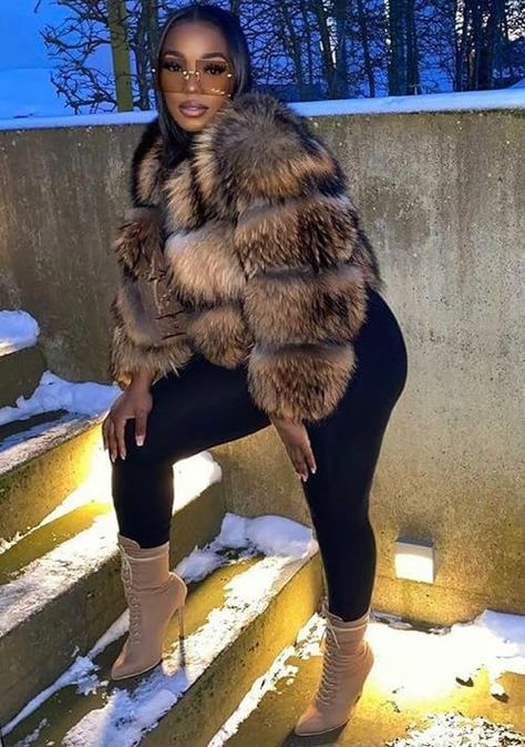 DericaNicole's Amazon Page Colorado Outfits Black Women, Fur Top Outfit Black Women, Winter Clubbing Outfit Black Woman, Fur Coat Outfit Black Women, Brown Fur Boots Outfit, Grey Fur Coat Outfit, Winter Feminine Outfits, Cabin Outfit Winter, Fur Outfits Women