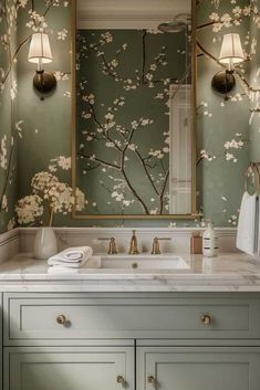 #small full bathroom #bathroom ideas modern #small full bathroom ideas #small powder bathroom ideas #small half bathroom ideas Restroom With Wallpaper, Restroom Wallpaper Ideas, Small Bathroom Accent Wallpaper, Small Bathroom Ideas With Wallpaper, Cloakroom Toilet Ideas Wallpapers, Green Wallpaper Powder Room, Modern Bathroom With Wallpaper, Bathroom Green Decor, Wallpaper In Toilet