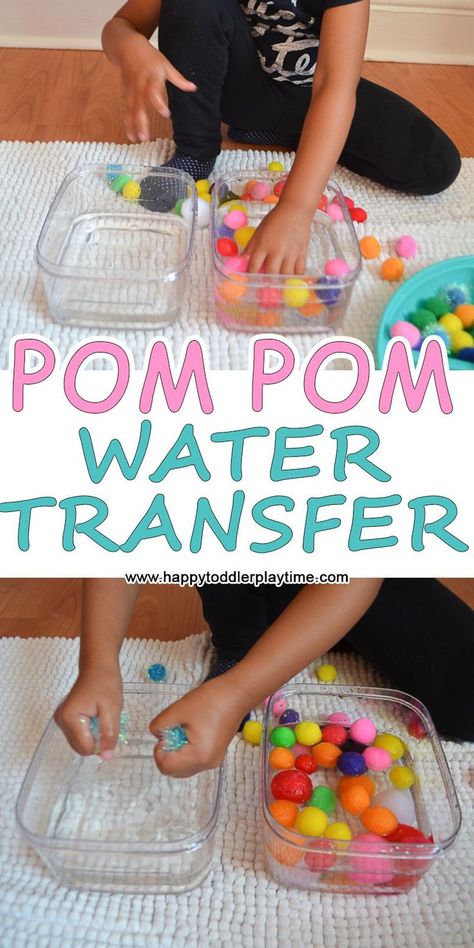 POM POM WATER TRANSFER – HAPPY TODDLER PLAYTIME Water Play Activities, Preschool Fine Motor Activities, Pom Crafts, Aktiviti Kanak-kanak, Easy Toddler Activities, Sensory Ideas, Preschool Fine Motor, Motor Skills Activities, Pom Pom Crafts