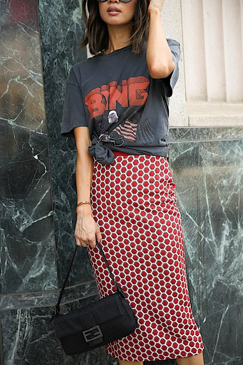 STYLING A | GRAPHIC TEE - DailyKongfidence Skirts With Graphic Tees Outfit, Red Graphic Tee Outfit, Kristin Juszczyk, Graphic Tee Styling, Styling A Graphic Tee, Graphic Tees Outfit, Tee Styling, Tees Outfit, Red Graphic Tee