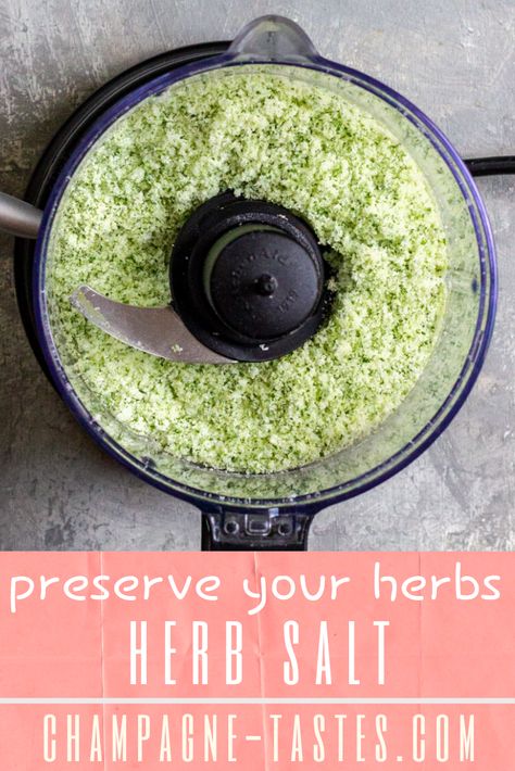 This herb salt is quick and easy way to preserve garden herbs like rosemary, chives, and oregano. Use it as a finishing salt for eggs, seafood, and more! Preserve Rosemary, Herb Vinegar, Herb Salts, Herb Table, Flavored Salts Recipes, Infused Salts, Flavoured Salt, Herb Salt Recipe, Herb Salt