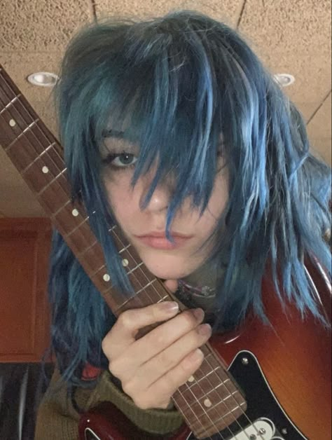 Blue Shag Haircut, Hair Dye Ideas Solid Color, Grown Out Blue Hair, Blue Grunge Hair, Blue Haired Girl Aesthetic, Blue Hair Guys, Blue Alt Hair, Blue Shag Hair, Blue Hair Face Claim