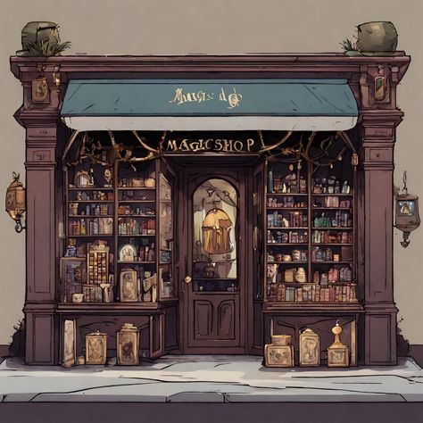 Fantasy Book Store Concept Art, Witch Store Illustration, Book Store Concept Art, Magic School Exterior, Magical Shop Aesthetic, Magic Shop Fantasy Art, Magic Shop Concept Art, Fantasy Antique Shop, Dnd Shop Art