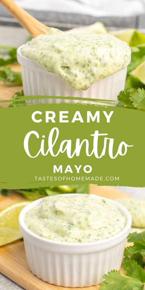 Cilantro mayo is a delicious condiment with the fresh flavors of cilantro and lime. This savory mayonnaise works great as a dip, sauce or spread. It can be used to flavour sandwiches or burgers, as a dip for your favourite appetizers or chicken wings, or as a sauce for chicken beef, or fish. Cilantro Mayo, Sauce For Grilled Chicken, Fresh Herb Recipes, Cilantro Recipes, Cilantro Chicken, Cilantro Lime Sauce, Zesty Sauce, Dip Sauce, Mayonnaise Recipe