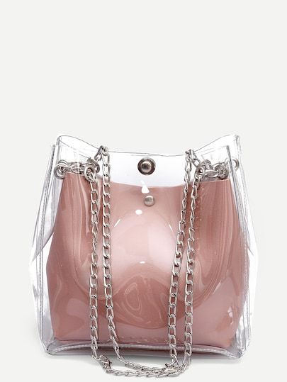 Clear Chain Tote Bag With Inner Pouch -SheIn(Sheinside) Transparent Bags, Small Buckets, Pu Bag, Girly Bags, Transparent Bag, Coin Bag, Leather Bucket Bag, Cute Bags, Shoulder Tote Bag