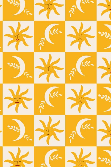 Checkered Orange Boho Sun and Moon Pattern Sun Patterns, Sun And Moon Pattern, Sun With Face, Boho Sun And Moon, Sun And Moon Design, Printable Wall Collage, Sun Pattern, Boho Moon, Boho Sun