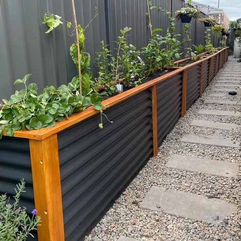 Build Planter Boxes Diy Projects, Raised Beds On Deck, Planter Boxes Along Deck, Garden Box Fence, Garden Boxes Against Fence, Raise Planter Boxes, Black And Cedar Planter Boxes, Planter Box On House, Fence With Garden Boxes