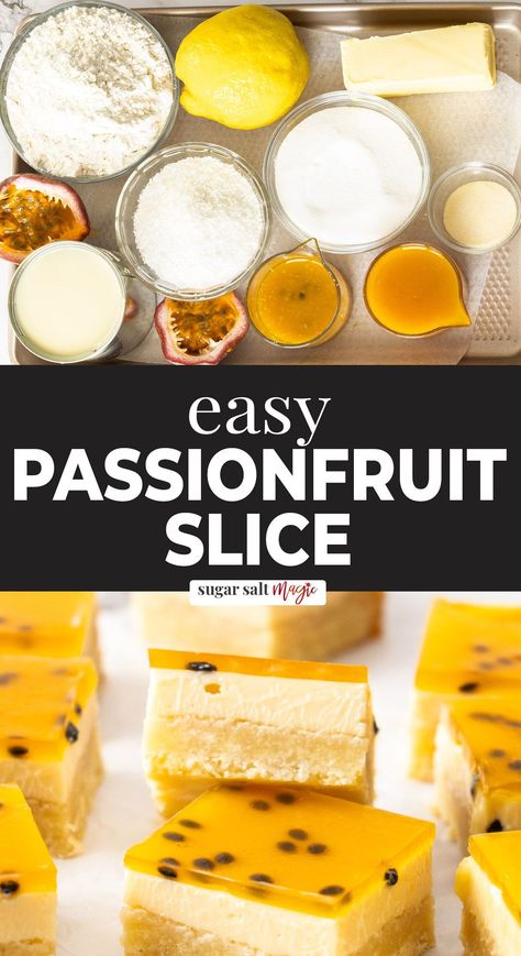 Magic Slice Recipe, Passion Fruit Slice, Passionfruit Cake Recipe, Mango Passionfruit Cake, Jelly Slice Recipe, Passion Fruit Dessert Ideas, Passionfruit Custard, Fruit Based Desserts, Buttermints Recipe