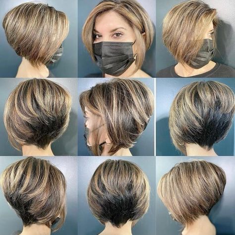 Stacked Inverted Bob with V-Cut Nape High Back Bob Haircut, A Line Inverted Bob, Short Stacked Angled Bob Hairstyles, Inverted Angled Bob, Short Reverse Bob, Short Concave Bob Hairstyles, Back View Of Bob Hairstyles Layered Hair, Short Inverted Bob Stacked Back View, Back Of Bob Haircut Stacked