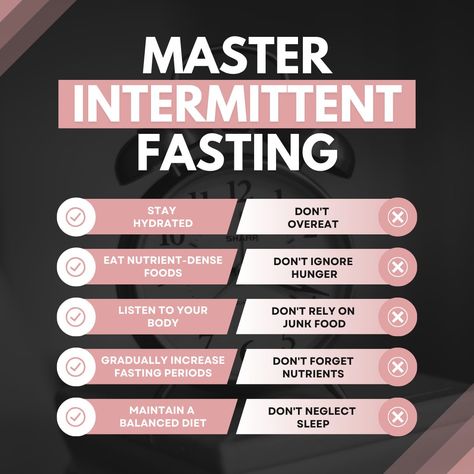 Master Intermittent Fasting: Dos and Don'ts 🕐🍽️ Dos ✅ Stay Hydrated 💧 Drink plenty of water throughout the fasting period to stay hydrated and support your body's functions. Eat Nutrient-Dense Foods 🥦 Focus on whole, nutrient-rich foods during your eating windows to fuel your body effectively. Listen to Your Body 🧘‍♂️ Pay attention to hunger and fullness cues, and eat mindfully. Gradually Increase Fasting Periods ⏳ Start with shorter fasts and gradually extend them to allow your body to adap... Fasting Results, Eat Mindfully, Benefits Of Fasting, High Sugar Foods, Dos And Don'ts, Quality Sleep, Drink Plenty Of Water, Nutrient Rich Foods, Nutrient Dense Food