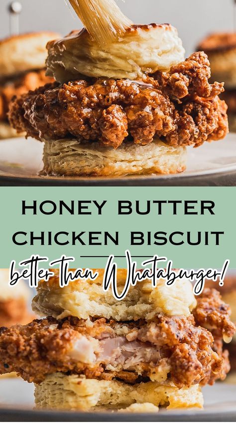 Experience breakfast goals with our homemade Honey Butter Chicken Biscuit! Crispy, golden chicken meets a fluffy southern biscuit, all topped with our signature honey butter perfection. Dive in! Whataburger Honey Butter Chicken Biscuit, Mini Chicken And Biscuits, Honey Butter Chicken Biscuit Recipe, Chicken Biscuit Recipes, Hot Honey Chicken Biscuit, Honey Butter Biscuits Recipe, Diy Honey Butter, Honey Chicken Biscuit, Southern Breakfast Recipes