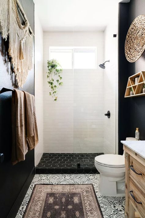 50 Small Bathroom Ideas Dark Boho Bathroom, Narrow Bathroom Layout, Small Narrow Bathroom, Long Narrow Bathroom, Recessed Shelves, Shower Combo, Collected Interiors, Dark Boho, Glass Shower Doors Frameless