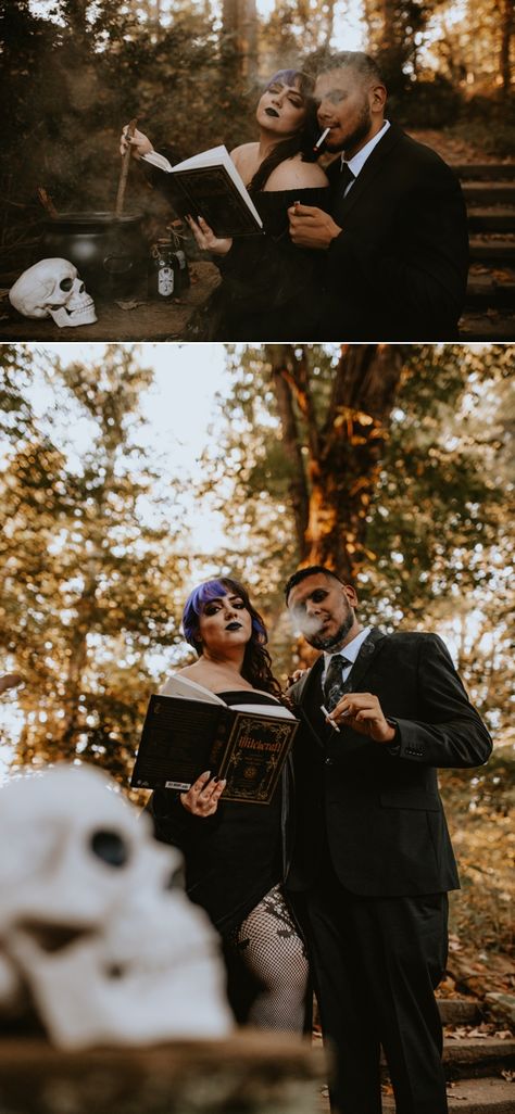 Horror Engagement Photos, Halloween Engagement Photos, Goth Engagement Photos, Spooky Engagement Photos, Halloween Engagement Pictures, Spooky Couples Photoshoot, Witchy Photoshoot, Halloween Engagement, Spooky Photoshoot