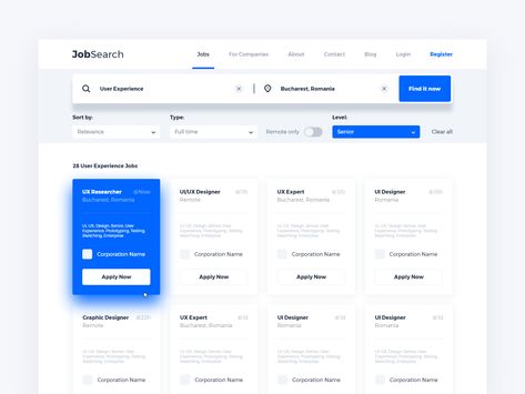 Search Results xd senior sort corporate find design cards career job filter results search page web ux ui Search Ui Design, Web Wireframe, Responsive Web Design Inspiration, Search Ui, Application Ui Design, Layout Portfolio, Web And App Design, Web Design Jobs, Ui Design Mobile