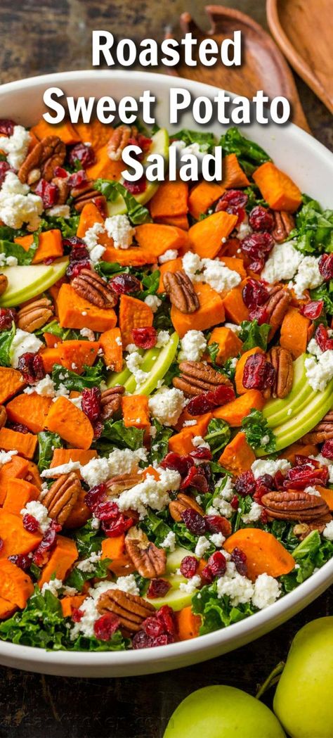 Roasted Sweet Potato Salad has all the best flavors of Fall in one delicious salad. It’s loaded with kale, roasted sweet potatoes, apple, pecans and goat cheese, then topped with the best maple vinaigrette.